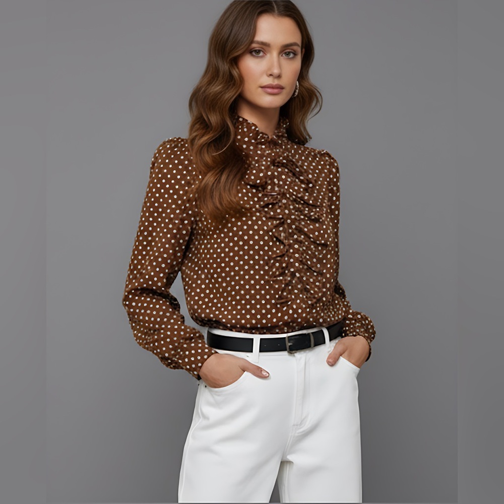Polka Dot Ruffle Trim Blouse Brown - Picture 3 of 9